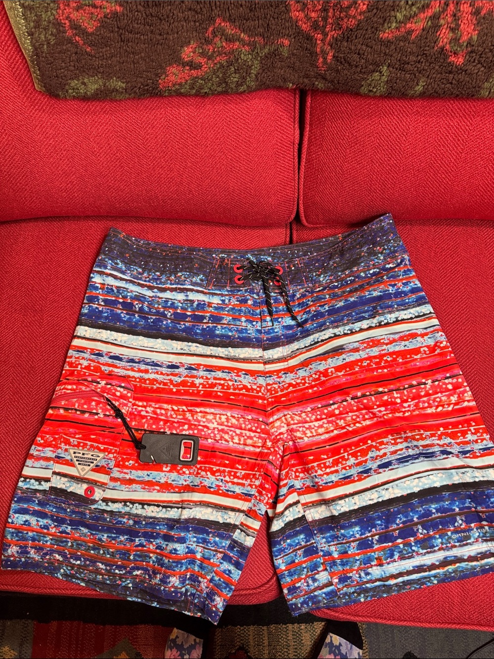 Men's Columbia Red & Blue Striped Board Shorts 38” waist